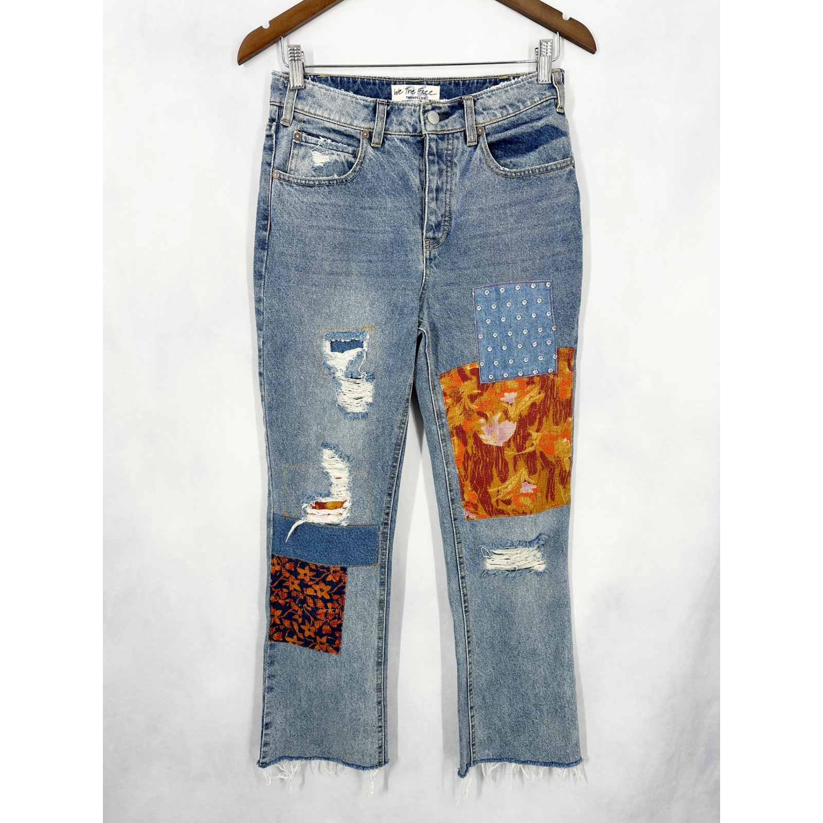 We The Free Belladonna Patchwork Cropped Kick Flare Blue Jeans Women's Size 26